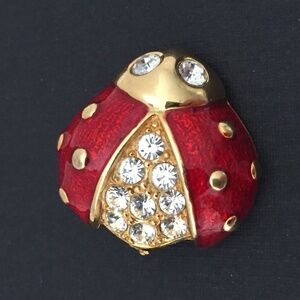 LIA Brooch Pin Ladybug Gold Tone Red Enamel Rhinestones Vintage? Signed 1" EUC